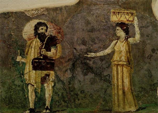 1st century wall painting showing the Cynic philosophers Crates and Hipparchia. From the garden of the Villa Farnesina, Museo delle Terme, Rome. (Public Domain)