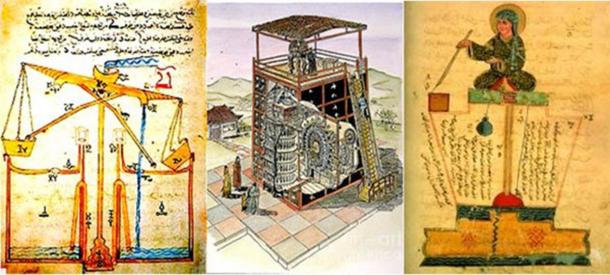 Three different depictions of ancient water clocks, all part of the history of timekeeping.