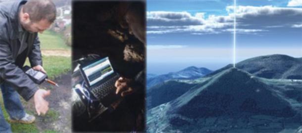 Physicist Slobodan Mizdrak (left) and electrotechnical engineer Goran Marjanovic (center) are two of several independent researchers who came to measure the electromagnetic and ultrasonic emissions emanating from the structures within the Bosnian Valley of the Pyramids. (Richard Hoyle / The Bosnian Pyramid of the Sun Foundation)