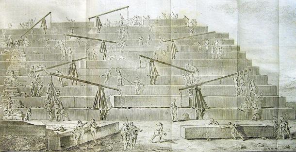 “Construction of the Great Pyramid According to Herodotus”, lithograph depicting multiple so-called ‘Herodotus Machines’ operating on the Great Pyramid (Antoine- Yves Goguet (1820) / Public domain).