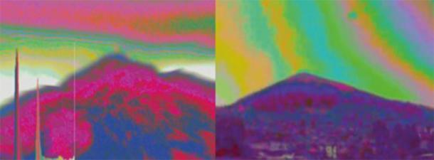 Independent researcher Harry Oldfield utilized his PIP camera at the Bosnian Valley of the Pyramids. Photo left is a natural hill with horizontal energy-fields above it. Photo right is taken of the Bosnian Pyramid of the Sun. The Earths naturally occurring energy-fields have been turned almost 90 degrees. (Richard Hoyle / The Bosnian Pyramid of the Sun Foundation)