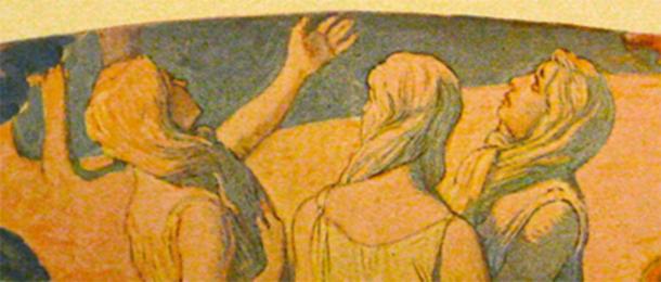 Women looking up to Odin and Frigga with their long hair tied as beards to impersonate men. In Norse mythology,y as in Norse society, women were not recognized in the same light as men. (Bloodofox~commonswiki / Public Domain)