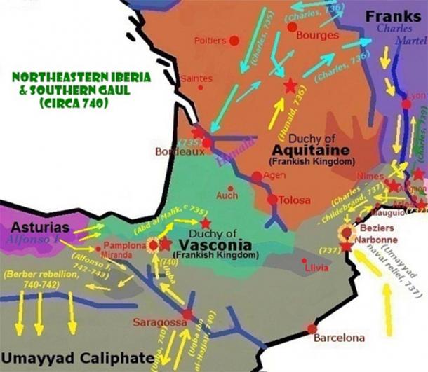 Charles Martel's military campaigns in Aquitaine, Septimania, and Provence after the Battle of Tour-Poitiers (734–742). (Iñaki LLM / CC BY-SA 3.0)