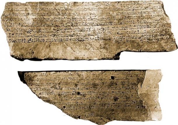 Ostracon CG 25216, one of the biggest ostracon ever found. Found in 1886 in the tomb of Sennedjem (Deir el-Medina, Tomb Nr. 1), today in the Egyptian Museum Cairo, it is broken into two pieces, one side contains the Story of Sinuhe and the other a private letter. (Georges Daressy / Public domain)