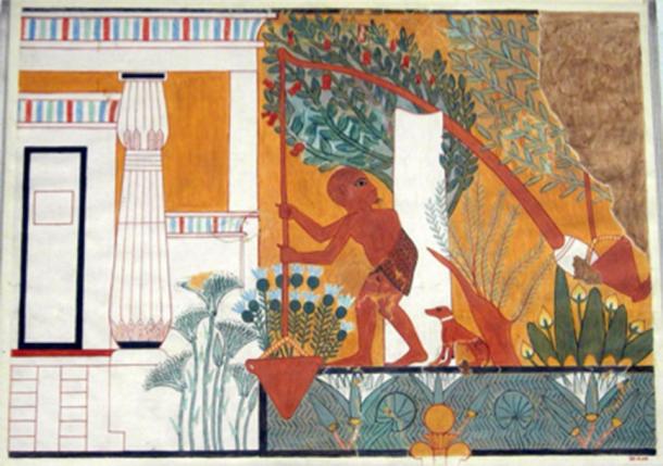 Tomb painting showing an ancient Egyptian gardener using a shaduf (Tomb of the Royal Sculptor Ipuy, Deir el-Medina, 19th Dynasty, 1279-1213 BCE). The shaduf relies on the same principles of counter-weight leverage as the so called “Herodotus Machines” imagined by Goguet and other artists. (Metropolitan Museum of Art / CC0)
