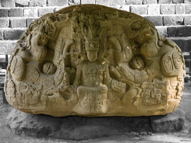 Quirigua Zoomorph P, Guatemala, showing a ruler seated in the wide-open maw of a large monster. Both sides of the monument reveal a hidden animation (see the next image below). (Jenny and Alex John / The Maya Gods of Time)