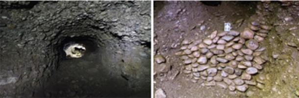 Left; A passage connecting two chambers within the Ravne3 Tunnels. Right; One of two drywalls found within the Ravne3 Tunnels. (Richard Hoyle / The Bosnian Pyramid of the Sun Foundation)