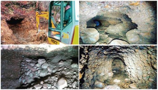 Top left; Small opening being enlarged to gain entry into Ravne4. Top right; The first chamber leads to several passages with one being free from blocking material. Bottom left; A drywall is identified, marking an infilled passage behind it. Bottom right; An open passage leads to a small chamber. (Richard Hoyle / The Bosnian Pyramid of the Sun Foundation)