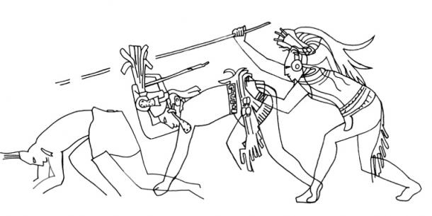 Details of a Bonampak murals section which, on passing, animate a warrior to fall to the ground within a battle scene. The figure’s increasing state of undress emphasises defeat and progressive descent. Late Classic Bonampak Structure 1, Room 2, north wall, southwest corner. (Jenny and Alex John / The Maya Gods of Time)