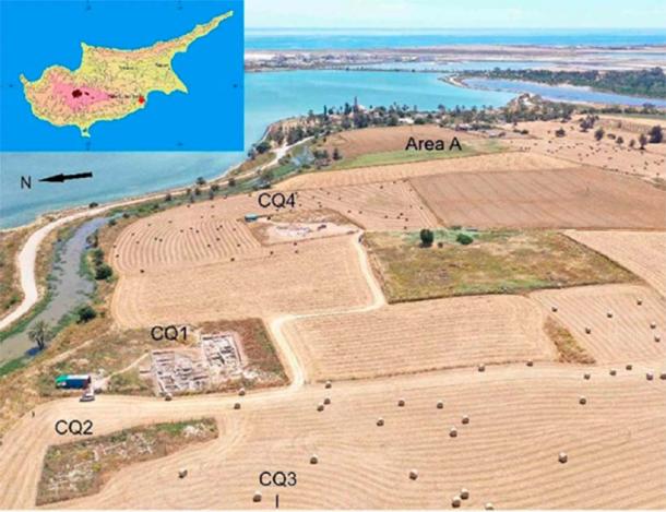 Drone image of Hala Sultan Tekke on the island of Crete with its excavated city quarters in the foreground, the harbor to the left and the Mediterranean Sea in the background. (University of Gothenburg / CC BY 4.0)