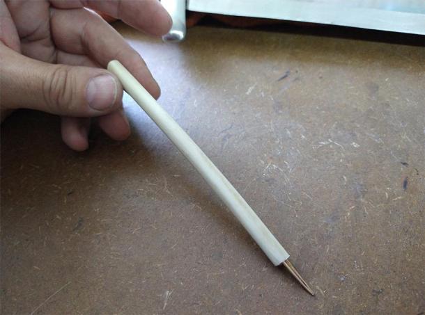 This image shows a replica of the UK’s oldest known ink pen made by Adam Parsons of Blueaxe Reproductions. It was made to test whether or not the ancient instrument actually functioned as a dip pen, which it did! (Dr Michelle Comber / Clare Herald)