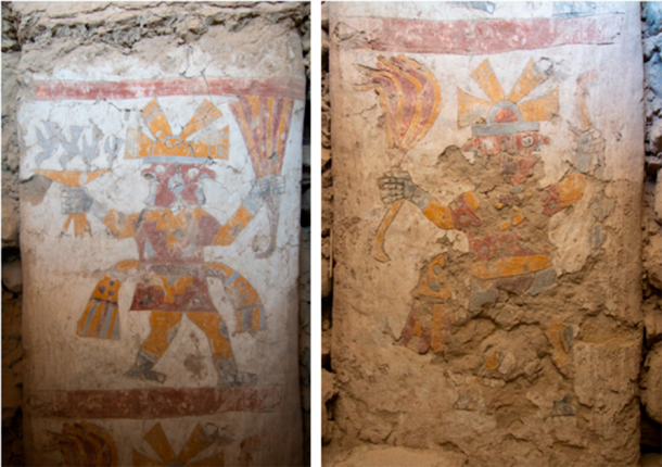Two images of two-faced men have been discovered at the Moche site of Pañamarca, Peru. Left; The upper figure painted on the pillar holding a goblet feeding hummingbirds, and a feather fan. Right; the lower figure holding a fan and an unidentified stick-like object.  (Lisa Trever/Panamarca)