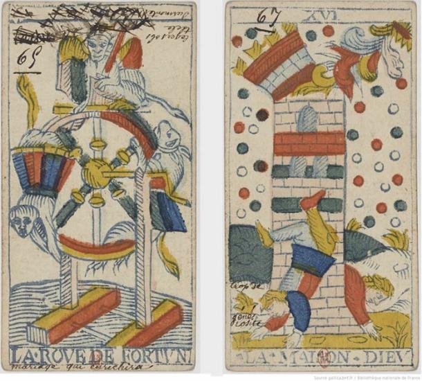 Two images from a Tarot de Marseilles deck allegedly annotated by the fortune teller Mademoiselle Lenormand. Bibliothèque Nationale de France