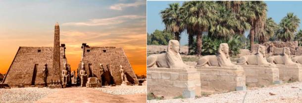 Left: The impressive entrance to Luxor Temple at sunset, Right: the avenue of sphinxes connecting the temples of Luxor and Karnak (Left: Alfredo / Adobe Stock; Right: Hatty321 / CC BY SA 2.0)