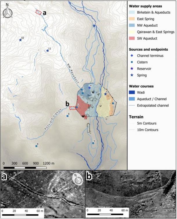 Water sources and infrastructure at Jerash mapped from the remotely sensed 100-y data record, showing supply channels, probable supply areas calculated from the 1953 DTM.