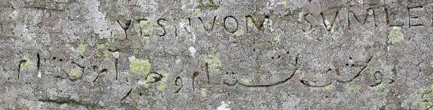 Esta es una inscripción persa dejada por el Capitán William Henry Mounsey de Castletown y Rockcliffe, quien acampó aquí en 1850, y dice: "Me senté dos noches y aprendí paciencia.". Sobre el persa está su nombre escrito al revés en latín. El texto completo es "SÍ NVOM SVMLEILVC". Visible aquí es "ELMVS MOVNSEY"; en espejo escribiendo: "SÍ INVOM SVMLE". (Bruce McAdam/CC BY-SA 2.0)