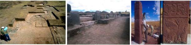 Left to right: View of a section of the residential compound, View of the interior wall of the main sunken temple, relief carvings on red sandstone monolith. 