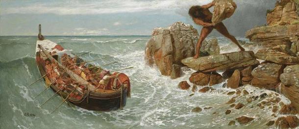 Una interpretación de la Odisea donde Odiseas se burla del cíclope Polifemo mientras escapa de la isla de los cíclopes. Según la leyenda, Perseo trajo a los cíclopes para construir las murallas de Micenas. (Dominio publico)