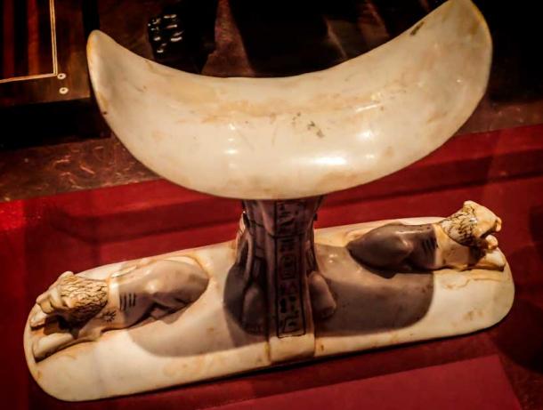 An ivory headrest with two recumbent lions. Photographed at the Discovery of King Tut exhibit at the Oregon Museum of Science and Industry in Portland, Oregon. (Mary Harrsch / Flickr) The headrest was the ancient Egyptian equivalent of a pillow, and was designed to keep the head elevated during sleep.