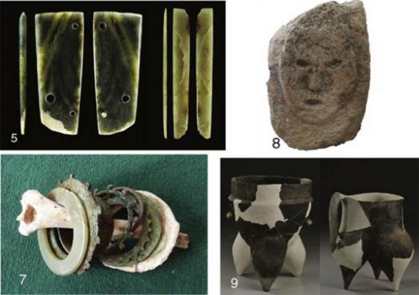 5: objetos de jade encontrados en East Gate; 7: brazaletes de jade y metal con un hueso del brazo humano encontrados en un entierro; 8: cabeza humana en piedra; 9: Cerámica Shimao. (Zhouyong Sun et al. 2017)