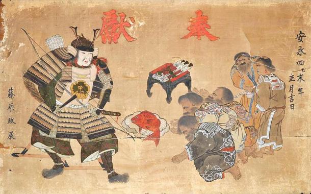 A Japanese samurai and Ainu in Hokkaido around 1775. Ainu Genre Ema (絵馬), Hakodate City Museum, Hokkaido, Japan (Public Domain)