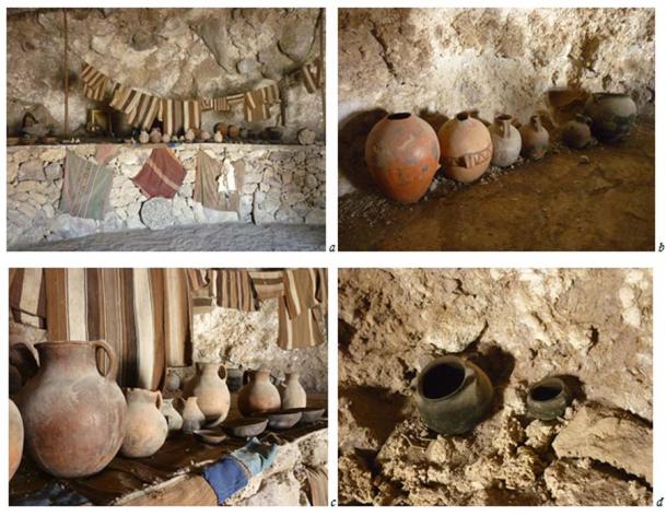 The vestiges. a) Overview of the grotto where the “mummies” are located. b) c) d) Modern vases, plates and Aguayos textiles that accompany the mummies. (Rafael Videla Eissmann)