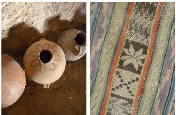 Cosmic symbology. Even when it comes to contemporary objects in the grotto, the powerful aboriginal symbolism is preserved in them: It is the eight-pointed star, emblem of Venus or Ch’aska Quyllur – Paqari Quyllur – one of the tutelary cosmic bodies next to the Sun and Moon in Andean cosmogonic tradition. Left: Vase with the design of an eight-petal flower-star, from the vertical plane. Right: Detail of an Aguayo, with the symbol of Venus. (Rafael Videla Eissmann)