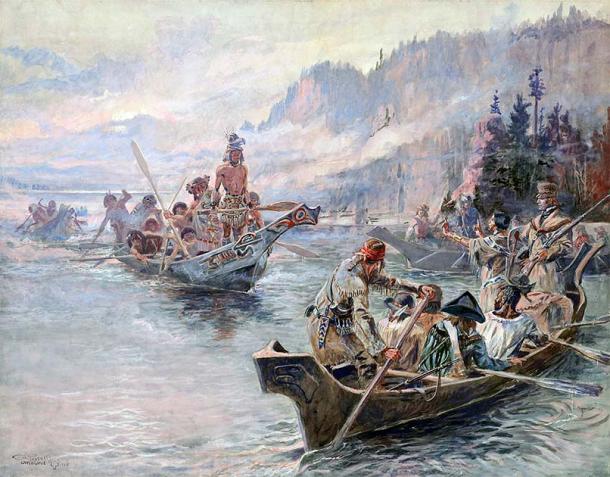 The journals of the Lewis and Clark expedition described Native Americans as “forward and impertinent, and thievish,” based on cultural misconceptions about gift-giving customs. Lewis and Clark on the Lower Columbia by Charles Marion Russell. (Public domain)