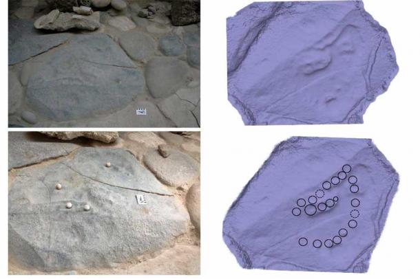 The kernos (slab with cup marks) at the square of the House of the Benches and an interpretation of how the spheres could be associated. (Konstantinos Trimmis)