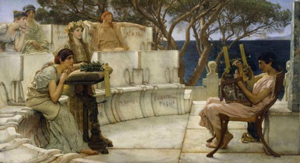 Sappho (left) and her companions listen rapturously as the poet Alcaeus plays a 