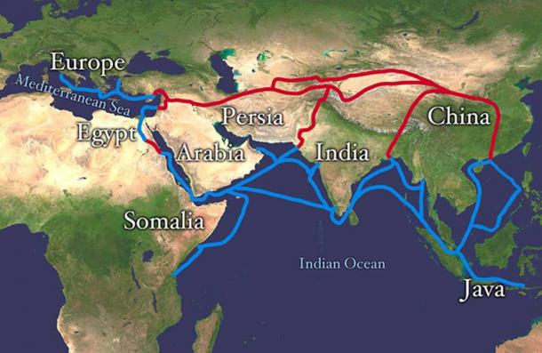 This map shows the land route of the Silk Road in red and sea routes in blue.