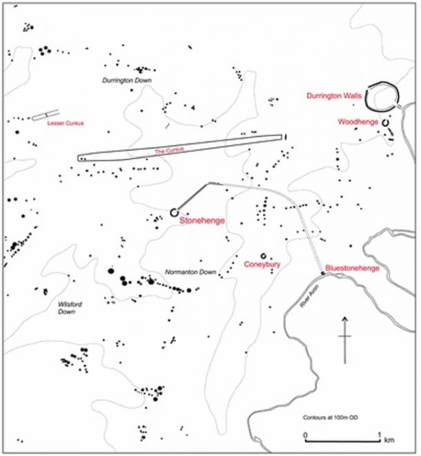 Features of the immediate landscape of Stonehenge include three stone circles, at Stonehenge itself, at the Neolithic village of Durrington Walls, which are still standing, and another that was taken down—Bluestonehenge.