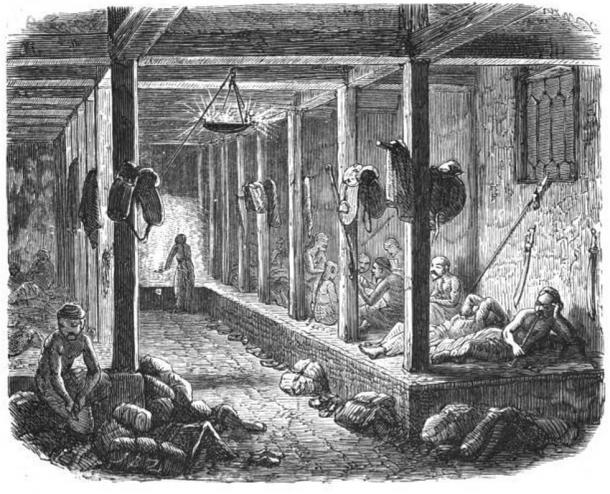 Illustration of a large kang shared by the guests of a one-room inn in a then-wild area east of Tonghua, Jilin. 1887. 