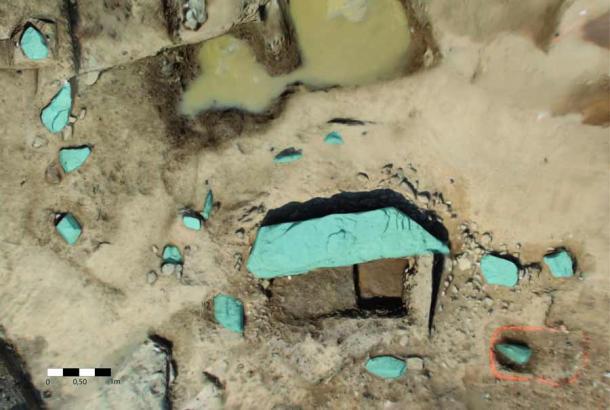 The large stone megalithic slab seen with different filters. (Julie Boudry / INRAP)