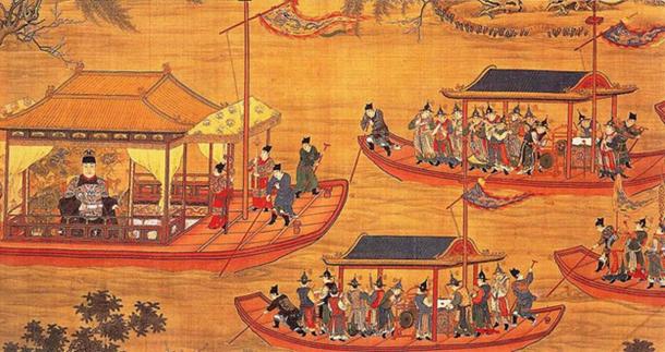A larger-than-life Wanli Emperor enjoying a lavish boat ride on a river with a large entourage of guards and courtiers. (Public Domain)