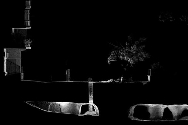 A laser scan showing tunnels and structures aboveground.