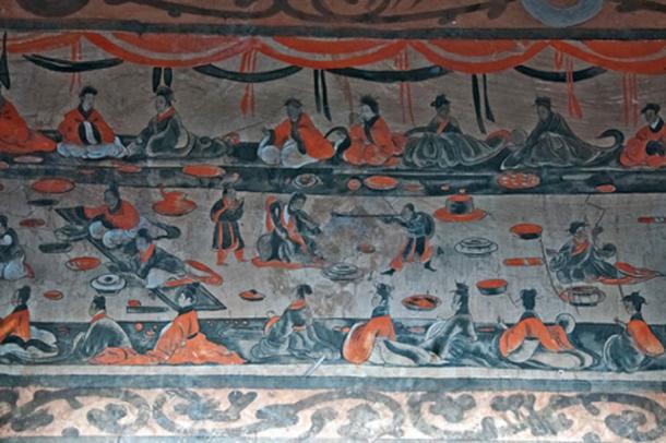A late Eastern Han (25–220 AD) Chinese tomb mural showing lively scenes of a banquet, dance and music, acrobatics and wrestling, from the Dahuting Tomb.