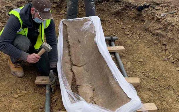 The lead coffin of the aristocratic Roman woman and child found in Yorkshire, Northern England.   (Leeds City Council)