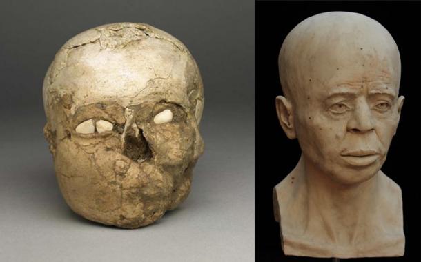 Izquierda: El cráneo neolítico de Jericó en la colección del Museo Británico. Derecha: La reconstrucción facial de la Calavera de Jericó. (Museo Inglés)