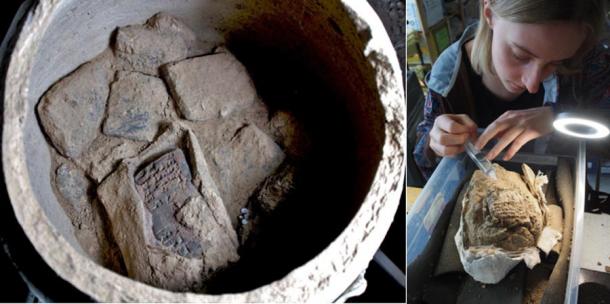 Left; View into one of the pottery vessels with cuneiform tablets, including one tablet which is still in its original clay envelope. Right; A restorer carefully retrieves the cuneiform tablets from an opened pottery vessel in the laboratory of the excavation team in Duhok (© Universities of Freiburg and Tübingen, KAO)
