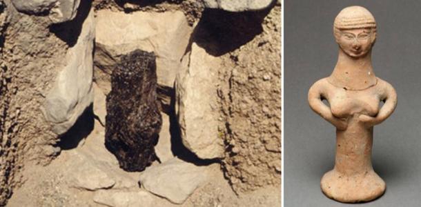 Left: This juniper tree trunk, found in a pre-Biblical grave in Eilat, Israel is the earliest Asherah idol discovered so far in the Near East. Right: Israelite ceramic figure of a nude woman, identified as an Asherah idol pillar. Source: Left: Uzi Avner / Researchgate ; Right: The Met