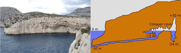 Left: Location of the Cosquer Cave near Marseille. (Lu-xin / CC BY-SA 4.0) Right: Diagram showing Cosquer Cave and its entrance tunnel. (Jespa / CC BY-SA 3.0)
