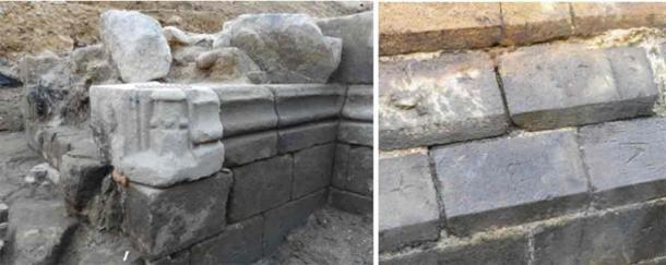 Left; Detail of the prismatic base of the entrance gate jamb. Right; Lapidary marks on the external facing of the house. (Rozenn Battais/ Inrap)