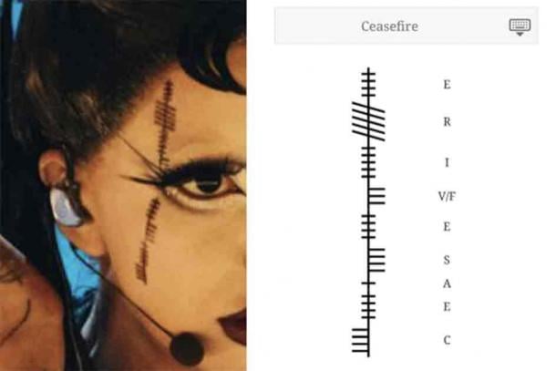 Left; Ogham script on Bambie Thug’s face during rehearsals. Right; translation of Ogham text, revealing the word ‘Ceasefire’. (Reddit)