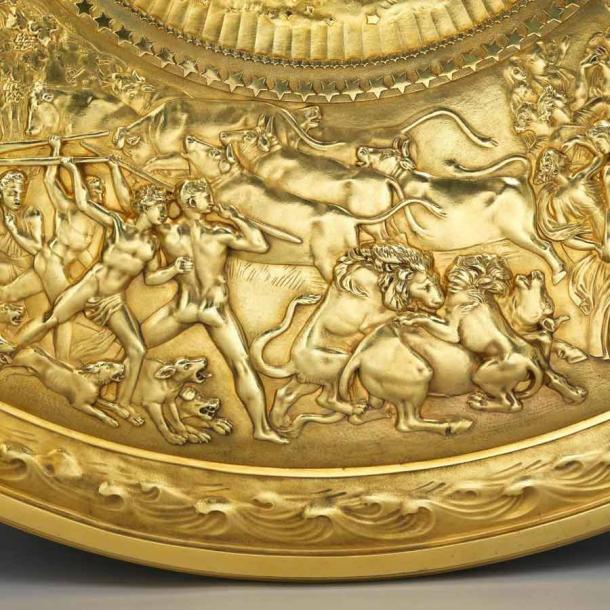 Detail of lions attacking a bull on the Shield of Achilles, 1823. (koopman rare art)