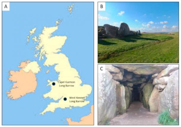 Figure 1. A: location of the Capel Garmon and West Kennet long barrows; B: external view of West Kennet; C: internal view of West Kennet. (Author provided)