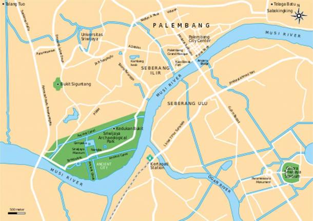 The location of Srivijaya Kingdom Archeological Park within Palembang city, South Sumatra Province, Indonesia.