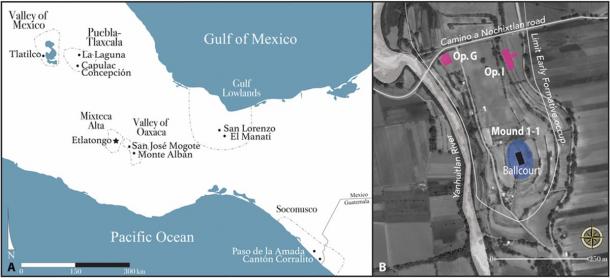 Location of Etlatongo in Mesoamerica and the setting of its ballcourt. (Science Advances)