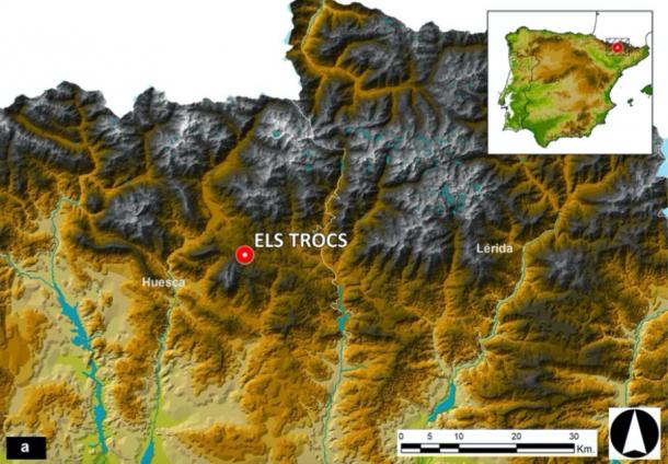 Location of the site and the two neighboring northeastern Spanish provinces of Huesca and Lérida (Lleida) on a topographic map of the Spanish Pyrenees. (University of Valladolid / Scientific Reports)