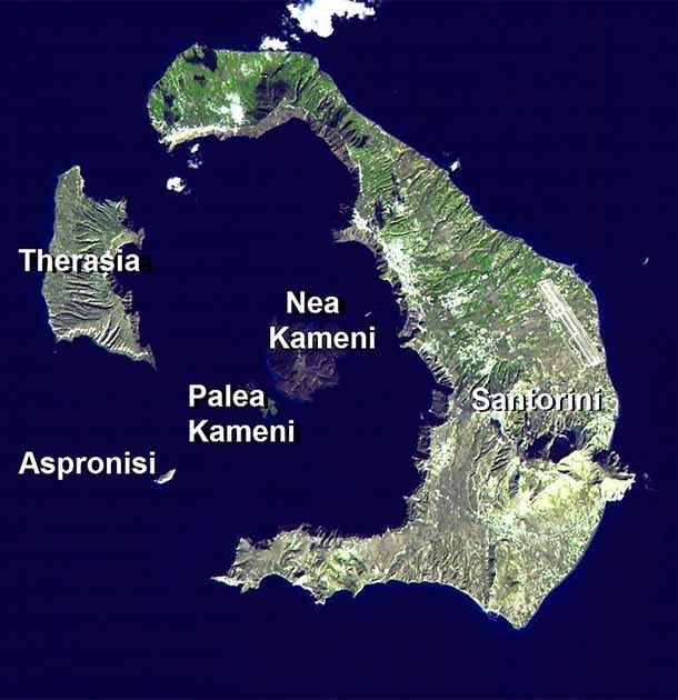 One proposed location for Plato’s Atlantis is in the Mediterranean. Satellite image of Santorini caldera Greece - EOS photo NASA The large island to the east is Thera. (Public Domain)